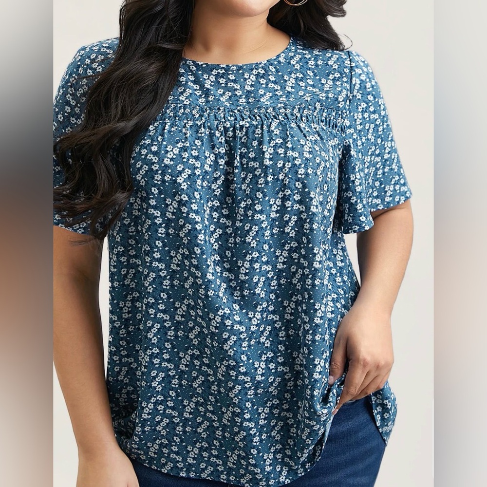 BloomChic Floral Ruffle Sleeve Gathered Round Neck Blouse 1X 14/16 NWT